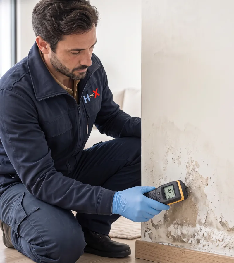 Rising damp and blown plaster at the bottom of a wall in Liverpool